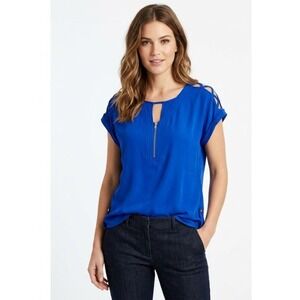 Love Letter Collection Royal Blue Half Zip Lattice Shoulder Blouse Small